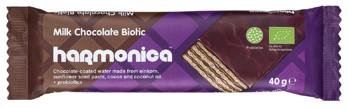 WAFELEK Z SAMOPSZY Z KREMEM MLECZNO - KAKAOWYM W POLEWIE Z CZEKOLADY MLECZNEJ Z PROBIOTYKAMI BIO 40 g - HARMONICA