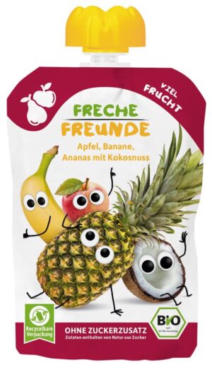 MUS JABŁKO - BANAN - ANANAS - KOKOS BEZ DODATKU CUKRÓW BEZGLUTENOWY OD 6 MIESIĄCA BIO 100 g - FRECHE FREUNDE