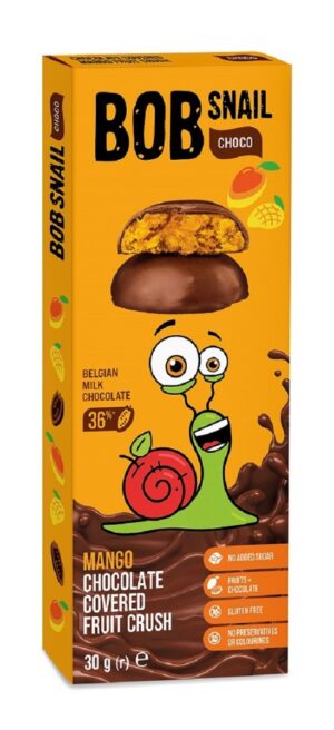 PRZEKĄSKA CHOCO MANGO W CZEKOLADZIE MLECZNEJ BELGIJSKIEJ BEZ DODATKU CUKRÓW BEZGLUTENOWA 30 g - BOB SNAIL