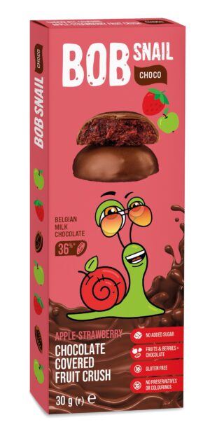PRZEKĄSKA CHOCO JABŁKO - TRUSKAWKA W CZEKOLADZIE MLECZNEJ BELGIJSKIEJ BEZ DODATKU CUKRÓW BEZGLUTENOWA 30 g - BOB SNAIL