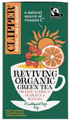 HERBATA ZIELONA Z ACEROLĄ, GUARANĄ I MATCHĄ NA POBUDZENIE FAIR TRADE BIO (20 x 2 g) 40 g - CLIPPER