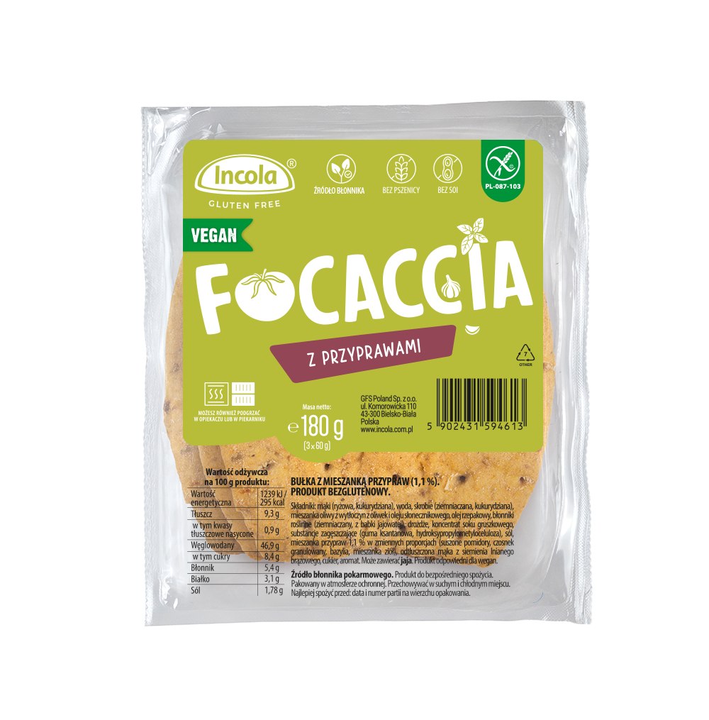 BUŁKI FOCACCIA Z PRZYPRAWAMI BEZGLUTENOWE (3 szt.) 180 g - INCOLA