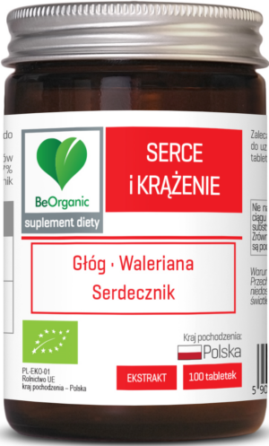 TABLETKI WSPOMAGAJĄCE SERCE I KRĄŻENIE (GŁÓG, WALERIANA, SERDECZNIK) BIO 100 szt. - BE ORGANIC