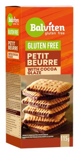 HERBATNIKI MAŚLANE PETIT BEURRE Z DODATKIEM POLEWY KAKAOWEJ BEZGLUTENOWE 115 g - BALVITEN