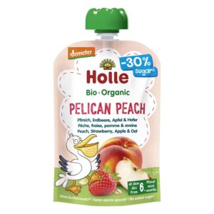 MUS BRZOSKWINIOWY PELIKAN (BRZOSKWINIA - TRUSKAWKA - JABŁKO - OWIES) BEZ DODATKU CUKRÓW BEZGLUTENOWY OD 6 MIESIĄCA DEMETER BIO 100 g - HOLLE