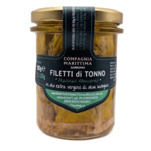 TUŃCZYK ŻÓŁTOPŁETWY FILETY W BIO OLIWIE Z OLIWEK EXTRA VIRGIN 185 g (SŁOIK) - COMPAGNIA MARITTIMA SANREMO